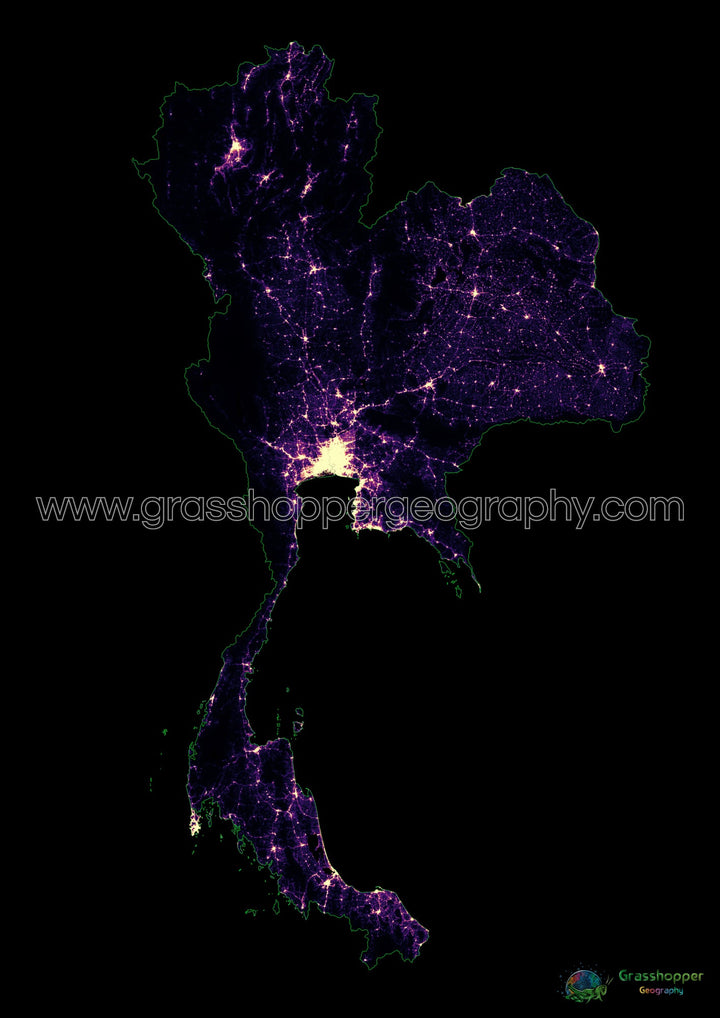 Thaïlande - Carte thermique de la densité de population - Fine Art Print