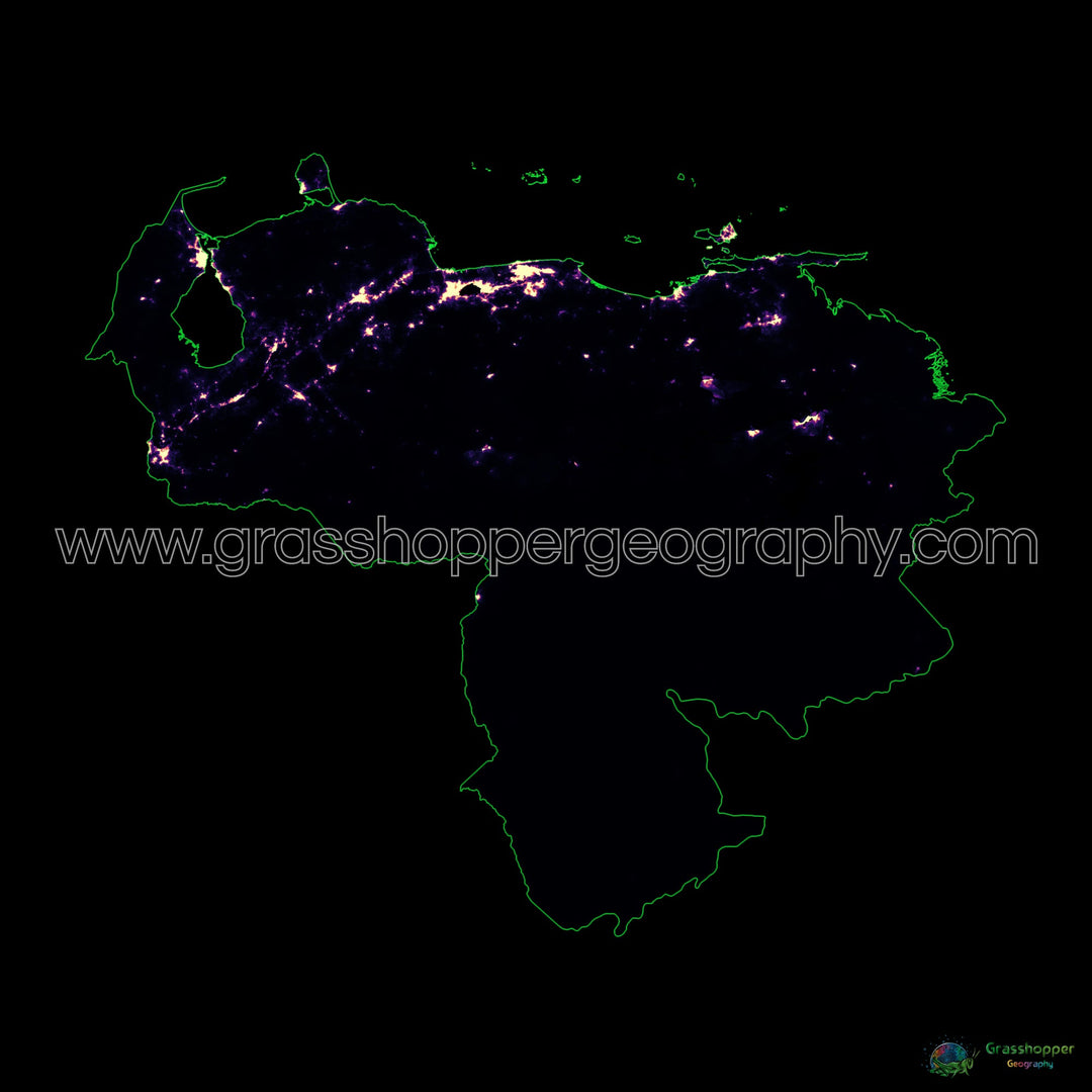 Venezuela - Carte thermique de la densité de population - Fine Art Print