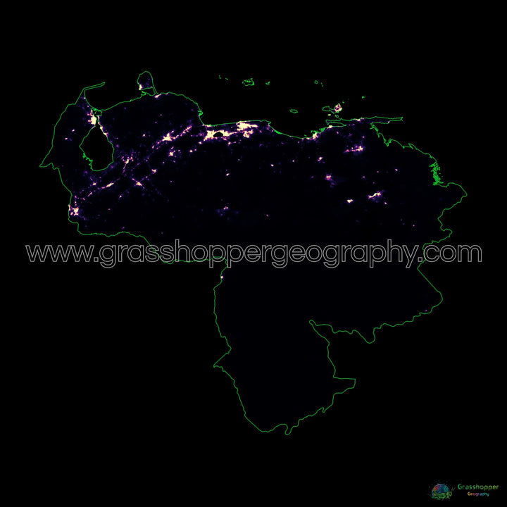 Venezuela - Carte thermique de la densité de population - Fine Art Print