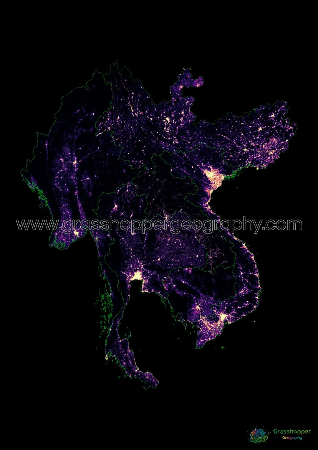 Population density heatmap of the Greater Mekong Subregion - Fine Art Print