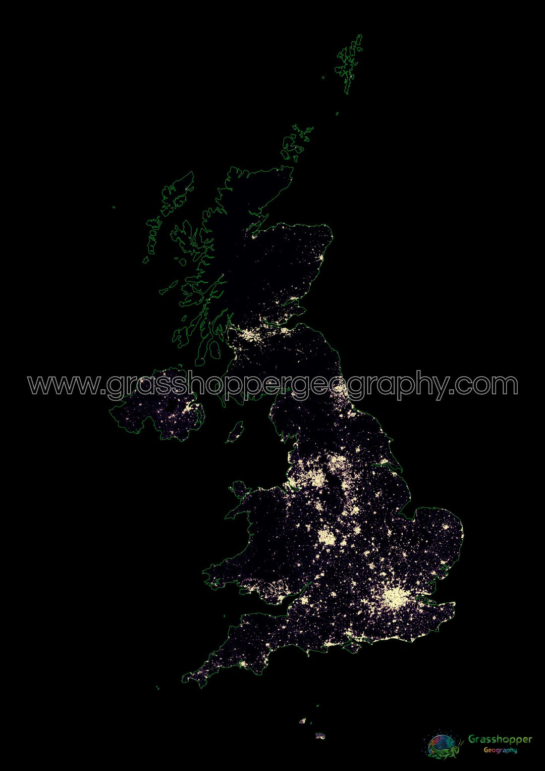 Reino Unido - Mapa de calor de densidad de población - Impresión de bellas artes