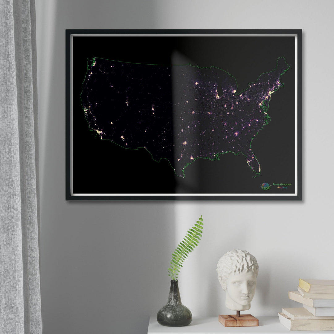 États-Unis - Carte thermique de la densité de population - Fine Art Print