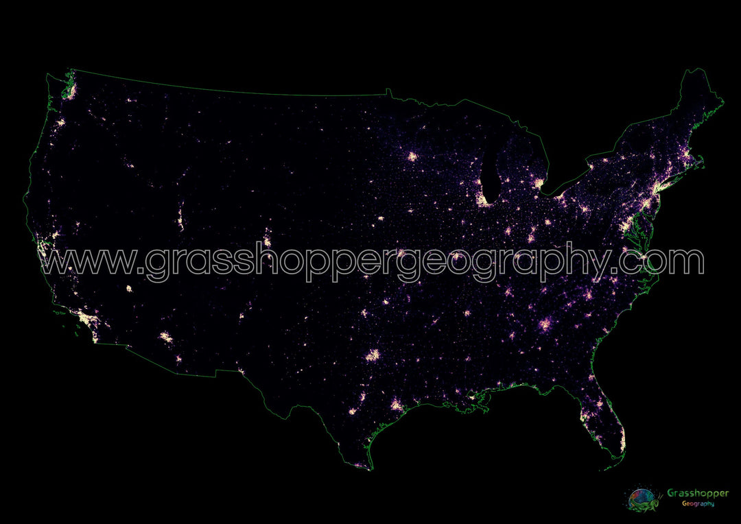 États-Unis - Carte thermique de la densité de population - Fine Art Print