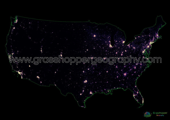 Estados Unidos - Mapa de calor de densidad de población - Impresión de bellas artes