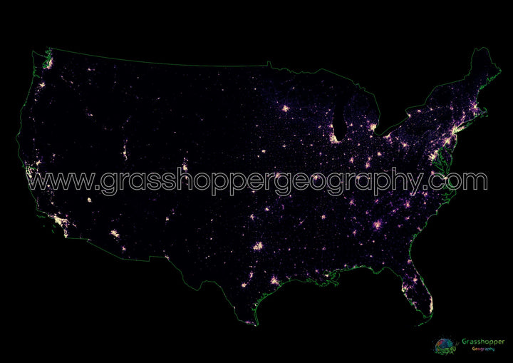 États-Unis - Carte thermique de la densité de population - Fine Art Print