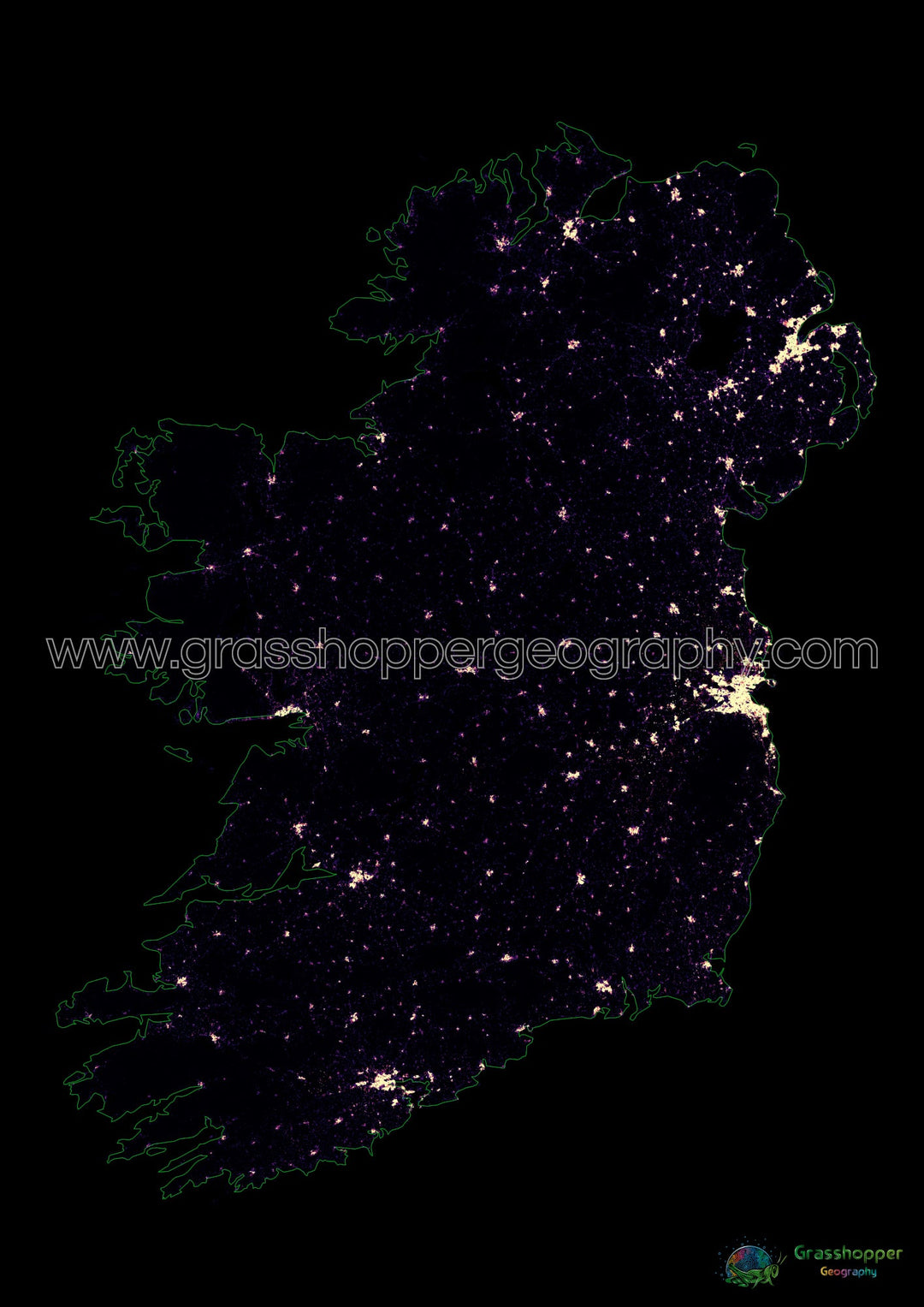 Population density heatmap of the island of Ireland - Fine Art Print