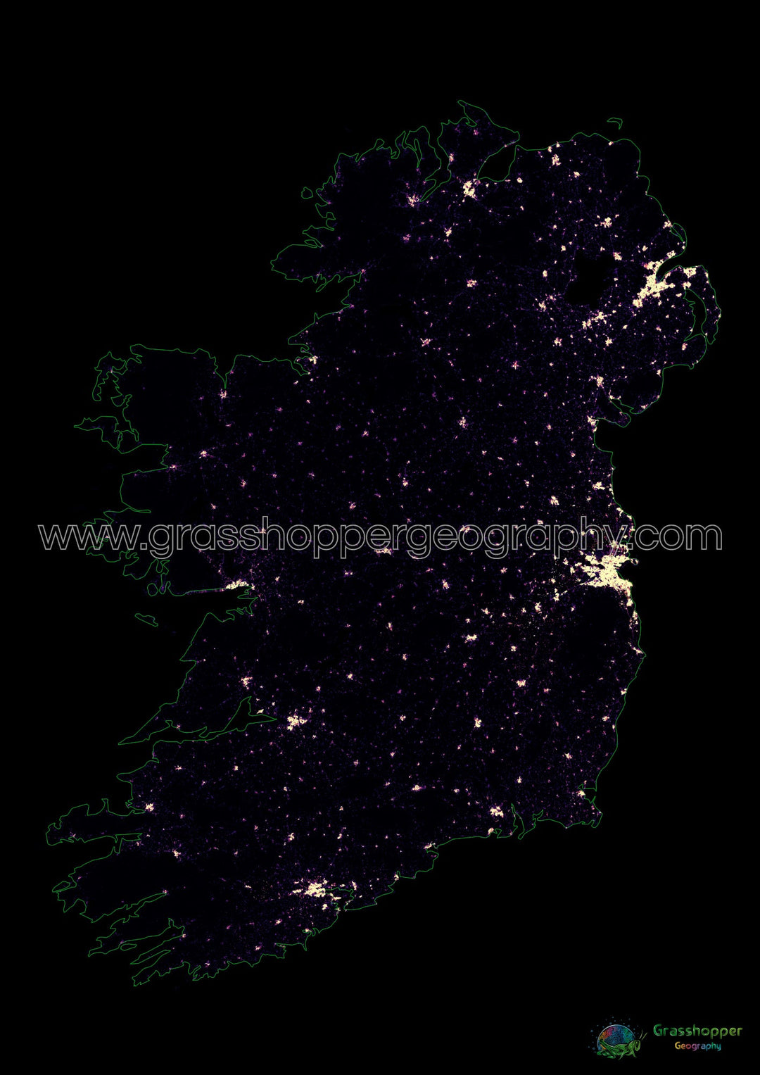 Die Insel Irland – Bevölkerungsdichte-Heatmap – Kunstdruck
