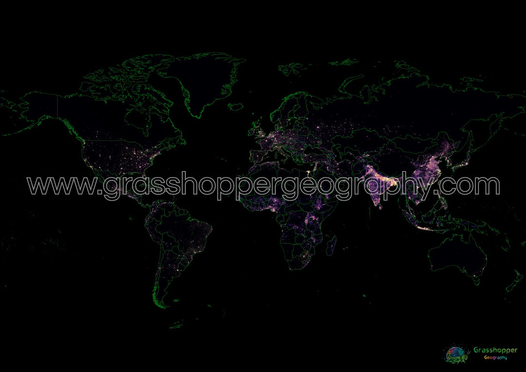 El mundo - Mapa de calor de densidad de población - Impresión de bellas artes