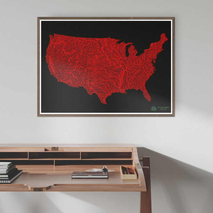 Les États-Unis - Carte du fleuve Rouge sur fond noir - Tirage d'art