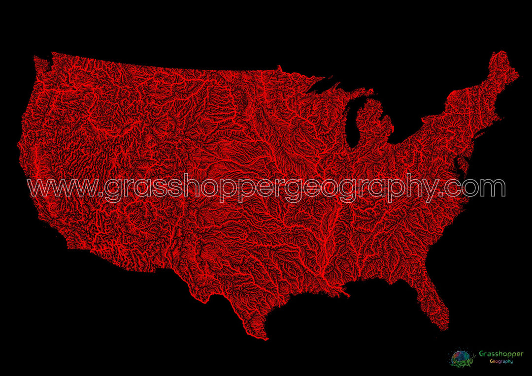 Les États-Unis - Carte du fleuve Rouge sur fond noir - Tirage d'art