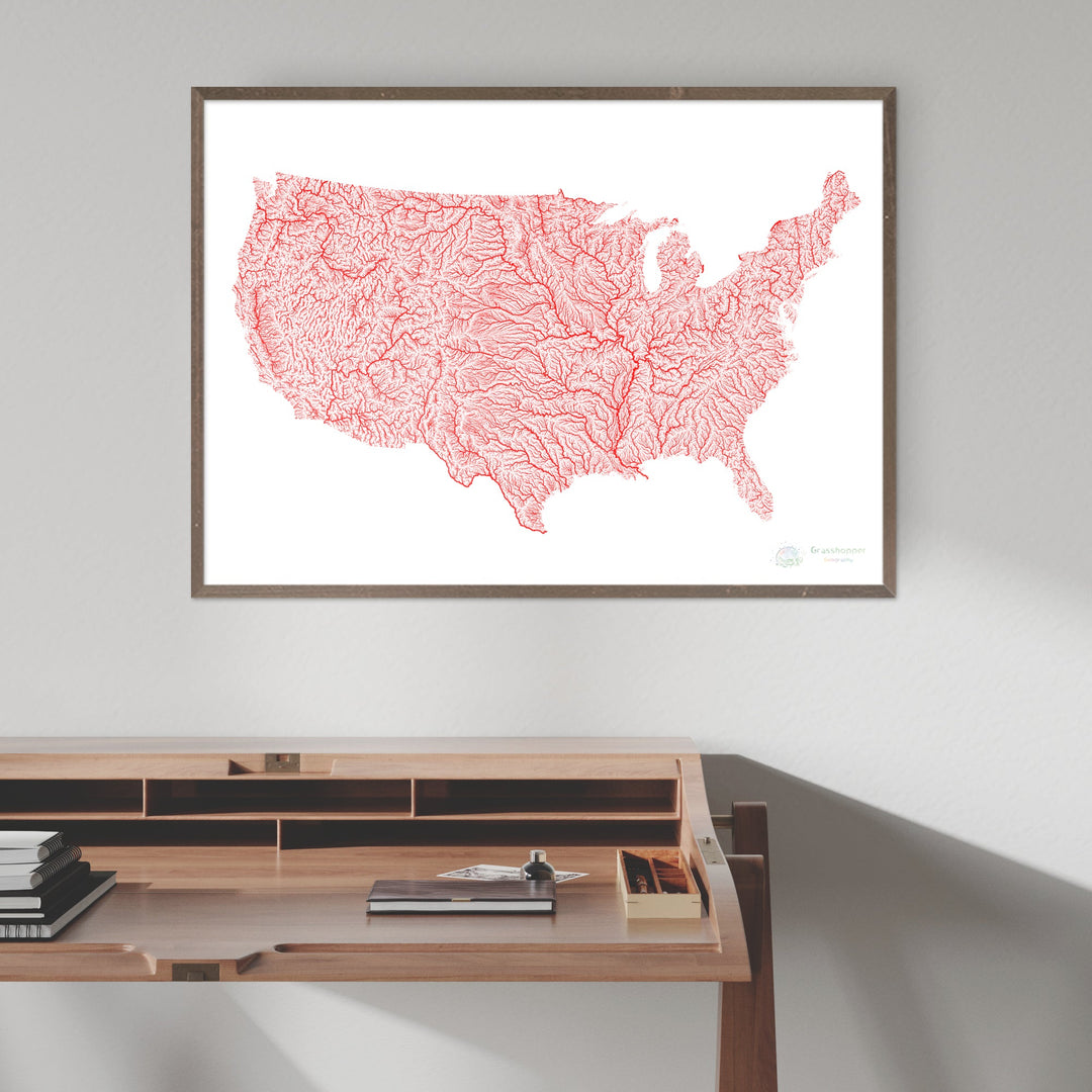 The United States - Red river map on white - Fine Art Print