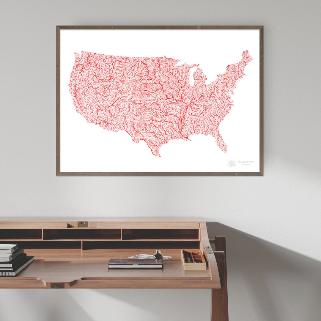 Estados Unidos - Mapa del río Rojo sobre blanco - Impresión de Bellas Artes