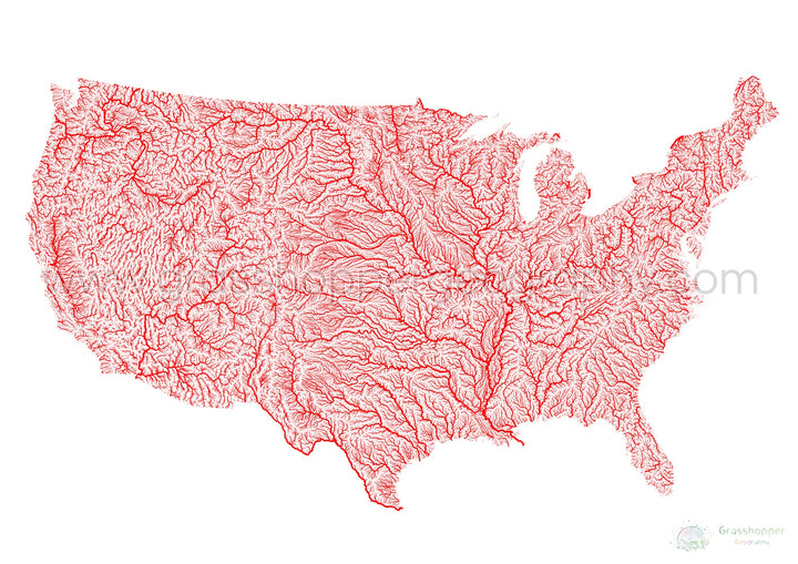 The United States - Red river map on white - Fine Art Print