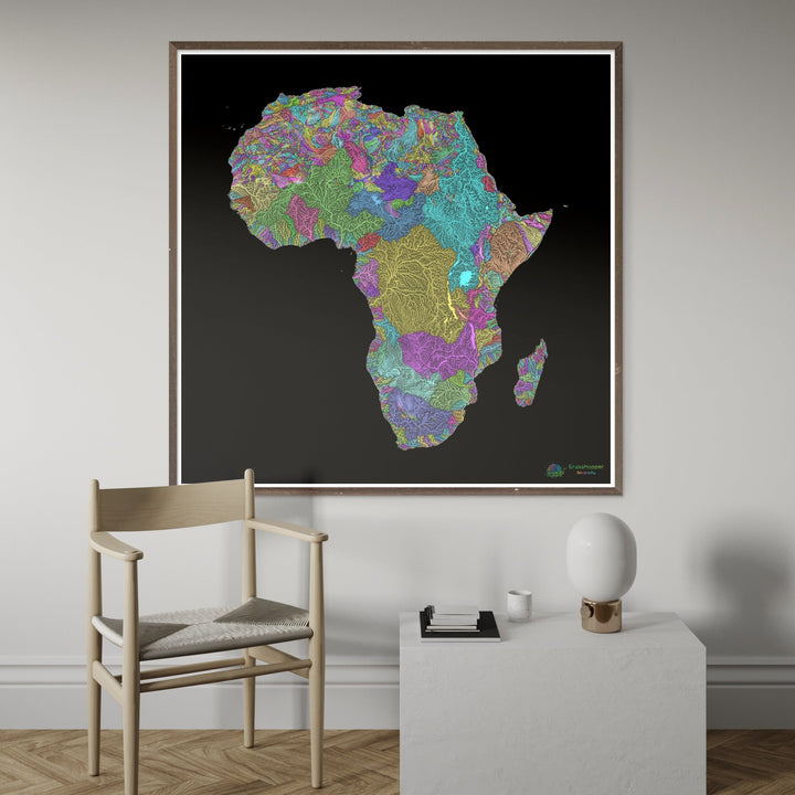 Afrique - Carte des bassins fluviaux, pastel sur noir - Fine Art Print