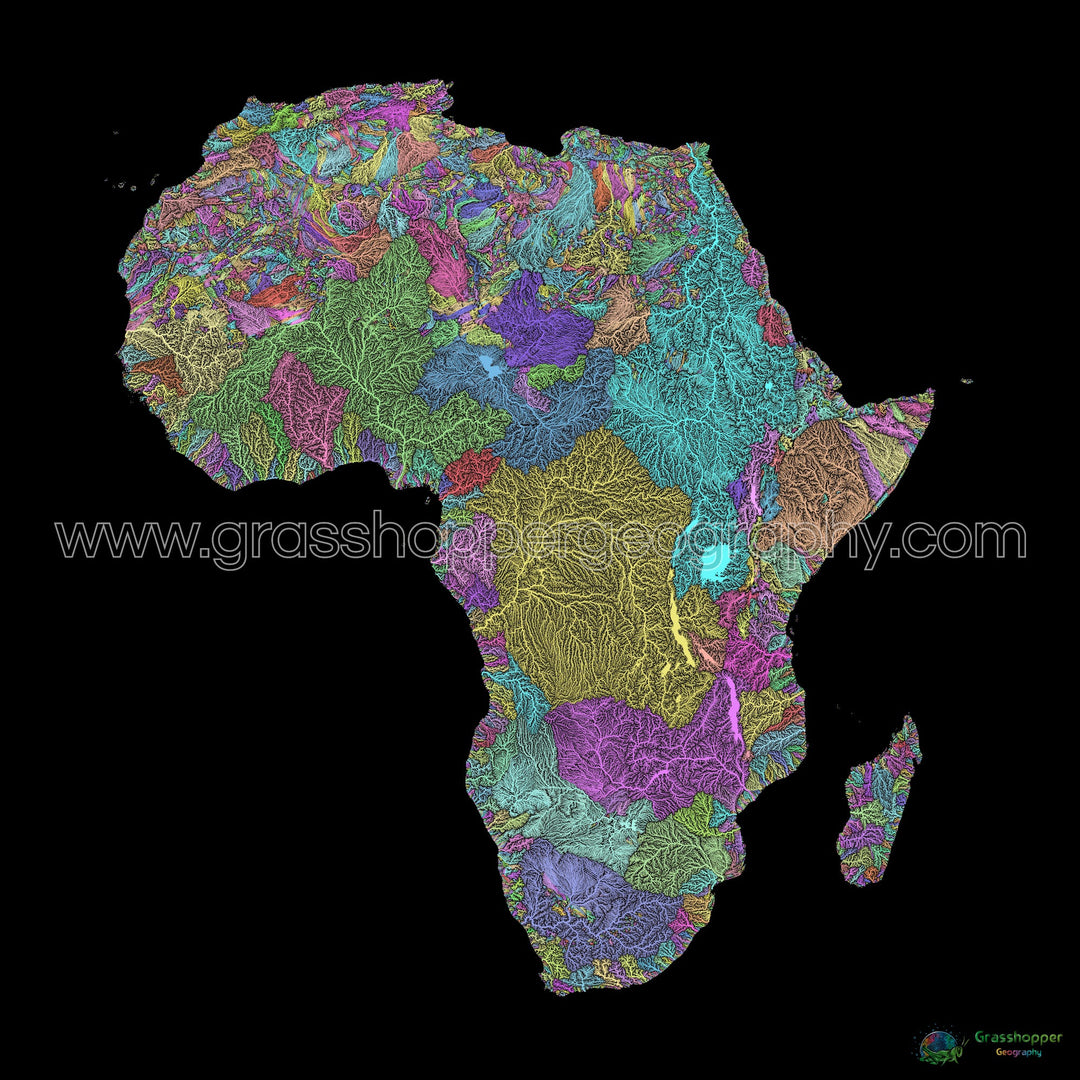 Africa - River basin map, pastel on black - Fine Art Print