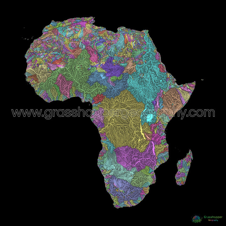 Afrique - Carte des bassins fluviaux, pastel sur noir - Fine Art Print