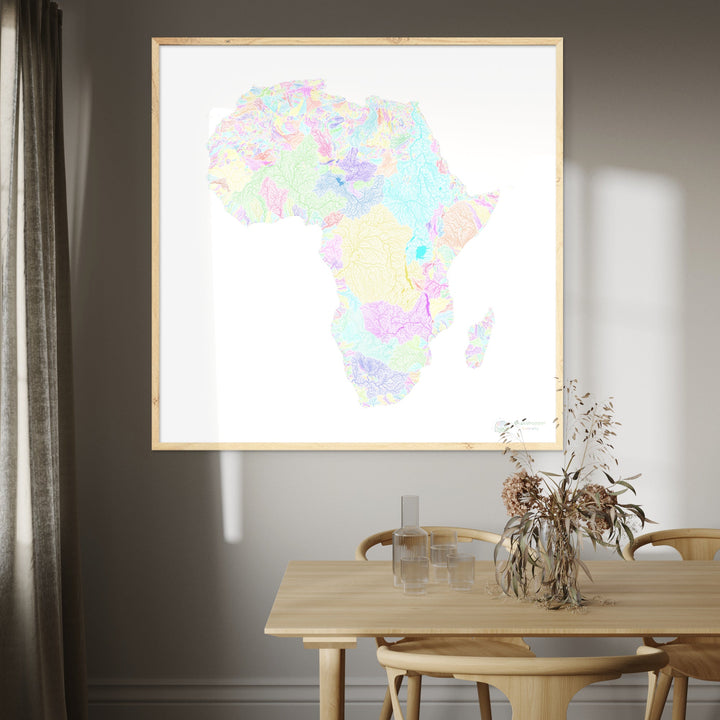 África - Mapa de la cuenca fluvial, pastel sobre blanco - Impresión de Bellas Artes
