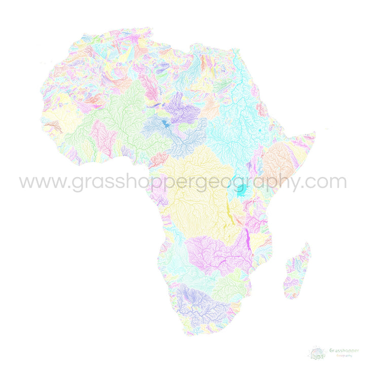 River basin map of Africa, pastel colours on white - Fine Art Print