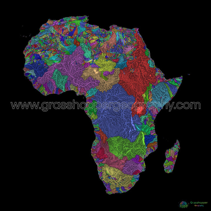 África - Mapa de la cuenca fluvial, arco iris sobre negro - Impresión de Bellas Artes