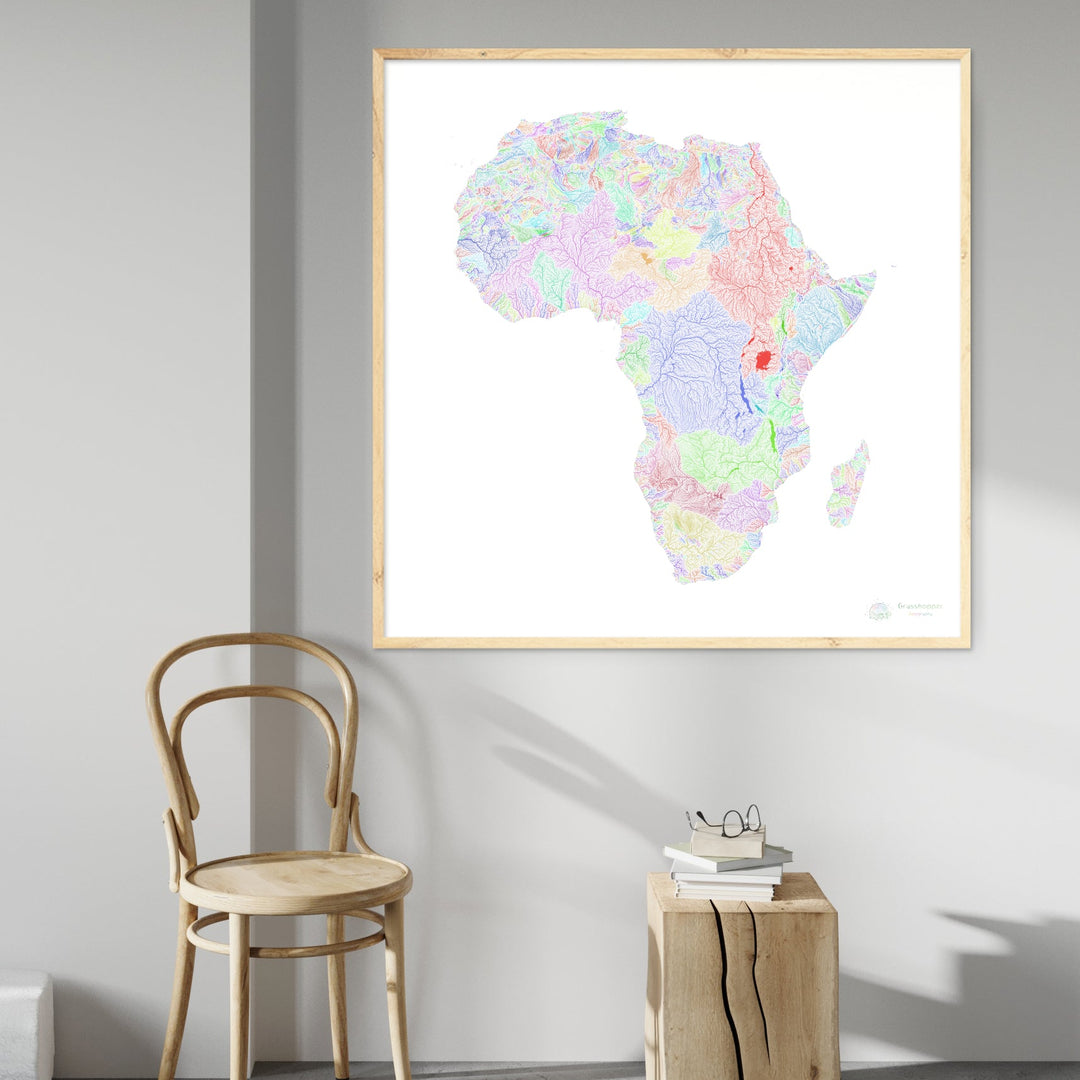 Afrique - Carte des bassins fluviaux, arc-en-ciel sur blanc - Fine Art Print