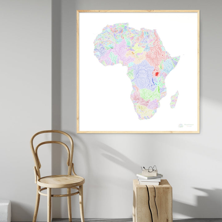 África - Mapa de cuencas fluviales, arco iris sobre blanco - Impresión de Bellas Artes