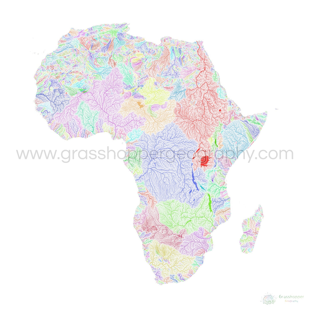 Afrique - Carte des bassins fluviaux, arc-en-ciel sur blanc - Fine Art Print