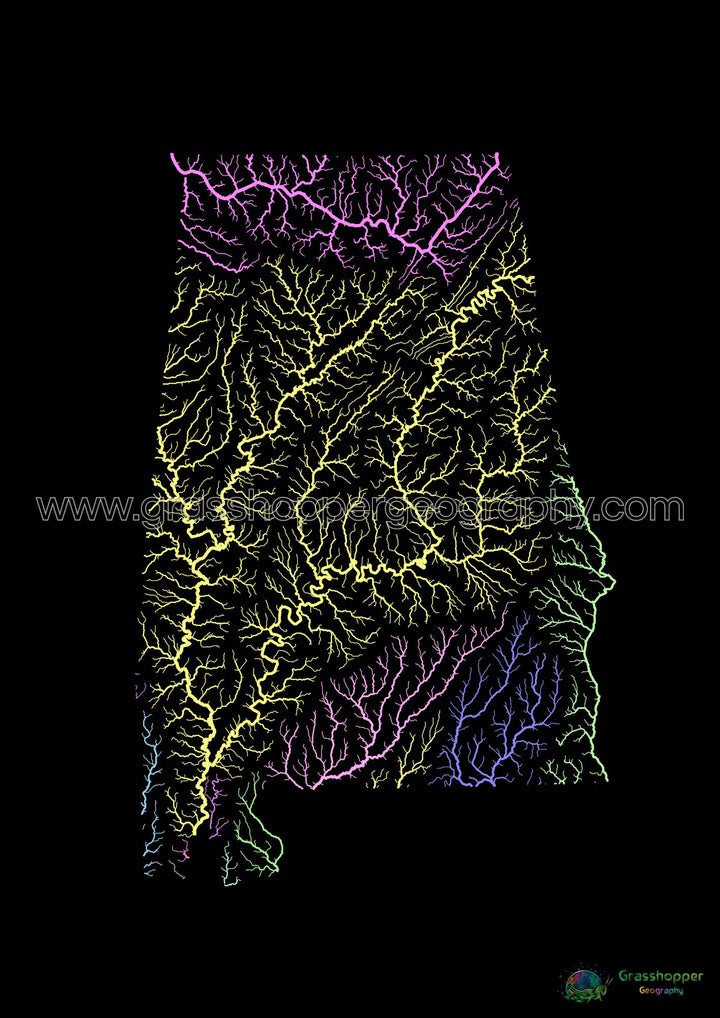 River basin map of Alabama, pastel colours on black - Fine Art Print