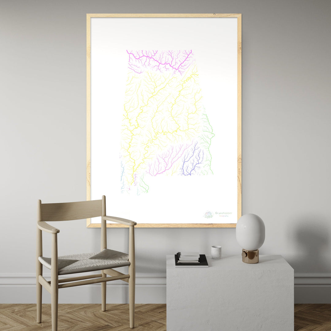 River basin map of Alabama, pastel colours on white - Fine Art Print