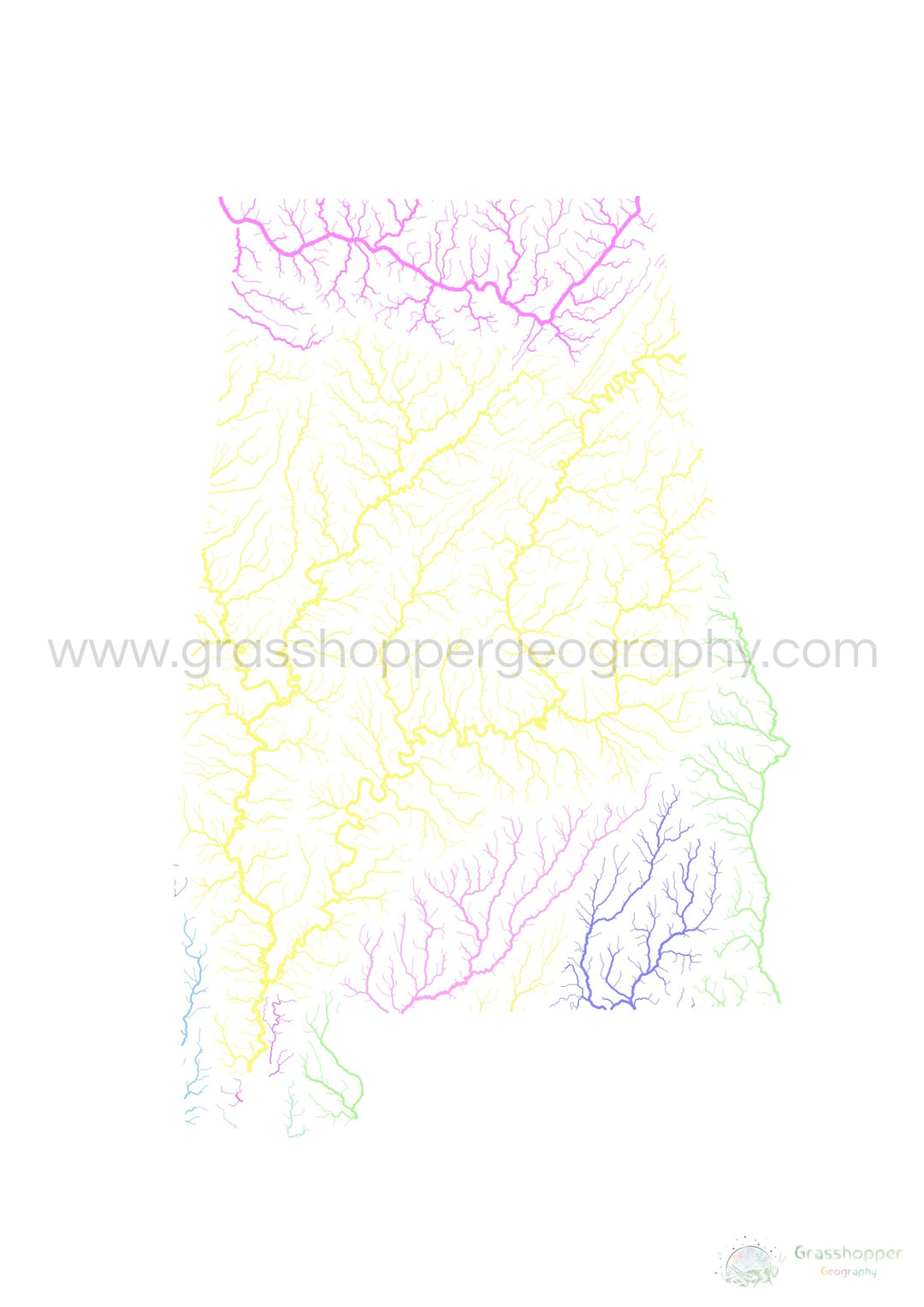 Alabama - River basin map, pastel on white - Fine Art Print