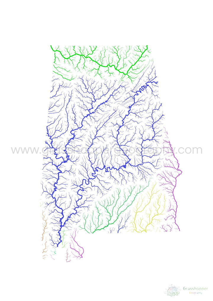 River basin map of Alabama, rainbow colours on white Fine Art Print