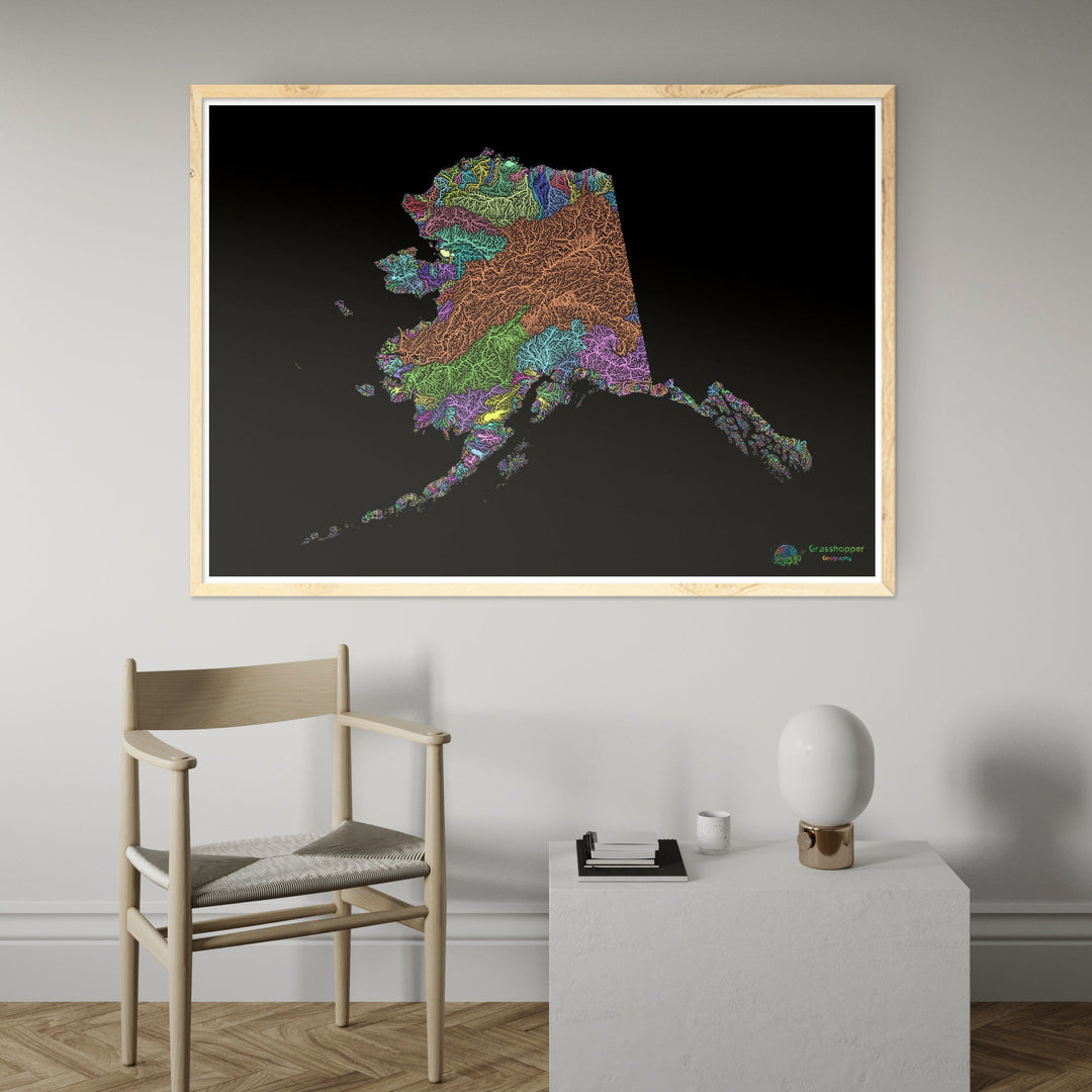 River basin map of Alaska, pastel colours on black - Fine Art Print
