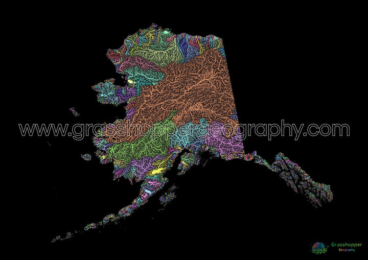 Alaska - Mapa de la cuenca fluvial, pastel sobre negro - Impresión de Bellas Artes