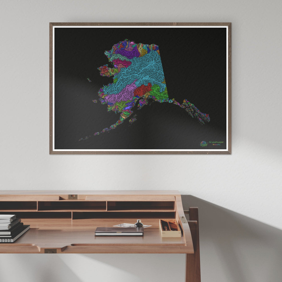 Alaska - Mapa de la cuenca fluvial, arco iris sobre negro - Impresión de bellas artes