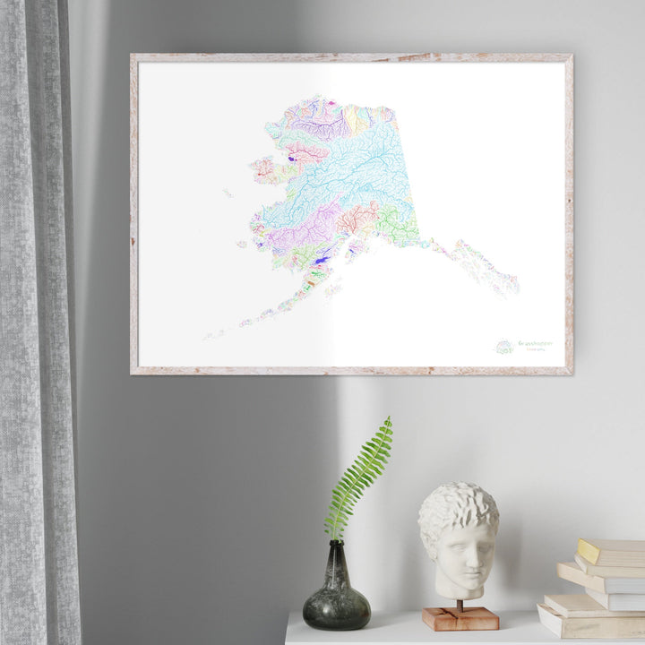 Alaska - Carte du bassin fluvial, arc-en-ciel sur blanc - Fine Art Print
