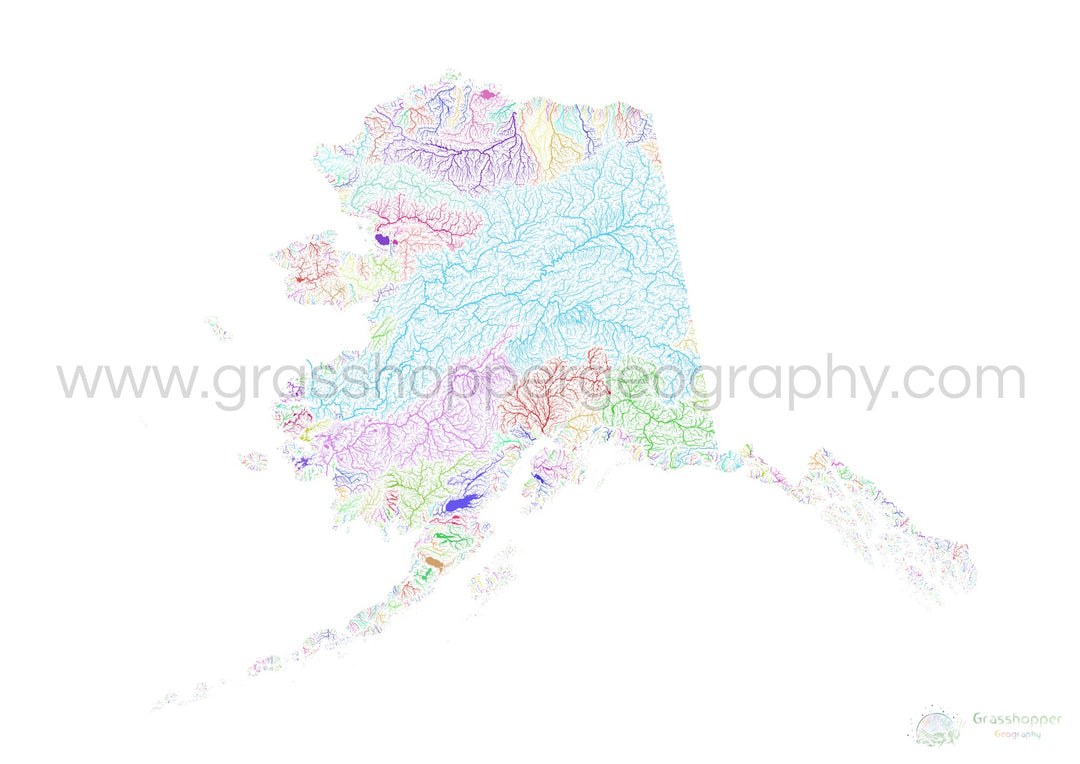 Alaska - River basin map, rainbow on white - Fine Art Print