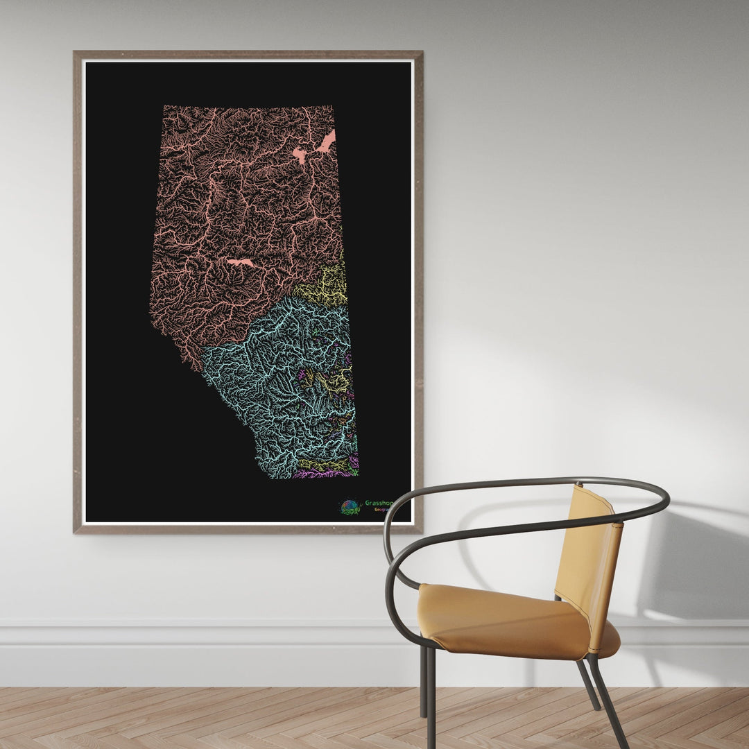 River basin map of Alberta, pastel colours on black - Fine Art Print