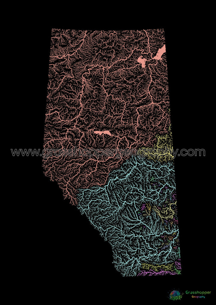 River basin map of Alberta, pastel colours on black - Fine Art Print