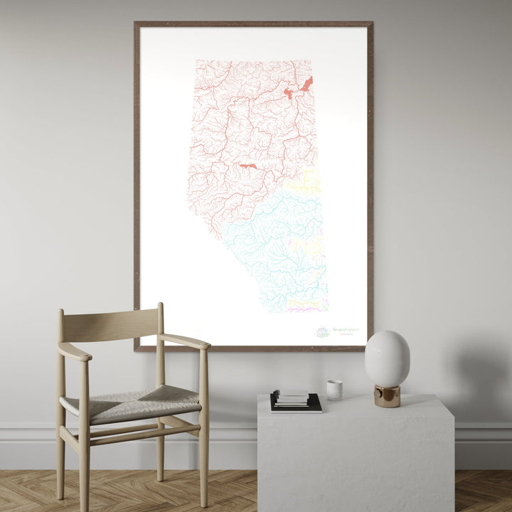 River basin map of Alberta, pastel colours on white - Fine Art Print