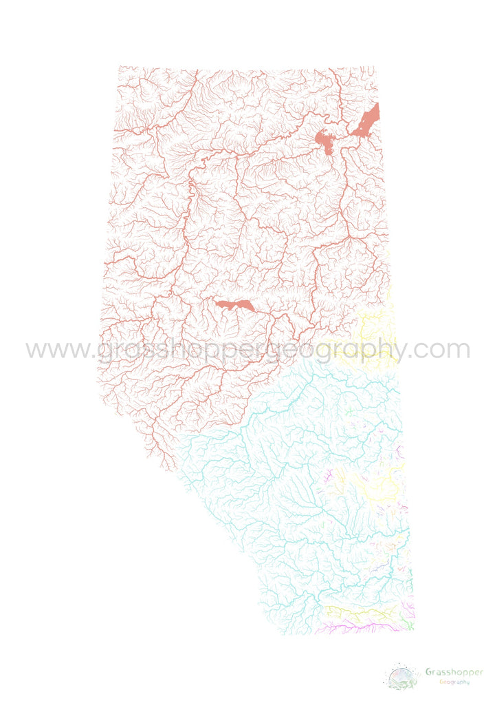 River basin map of Alberta, pastel colours on white - Fine Art Print