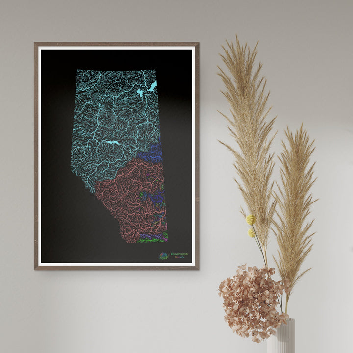 Alberta - River basin map, rainbow on black - Fine Art Print
