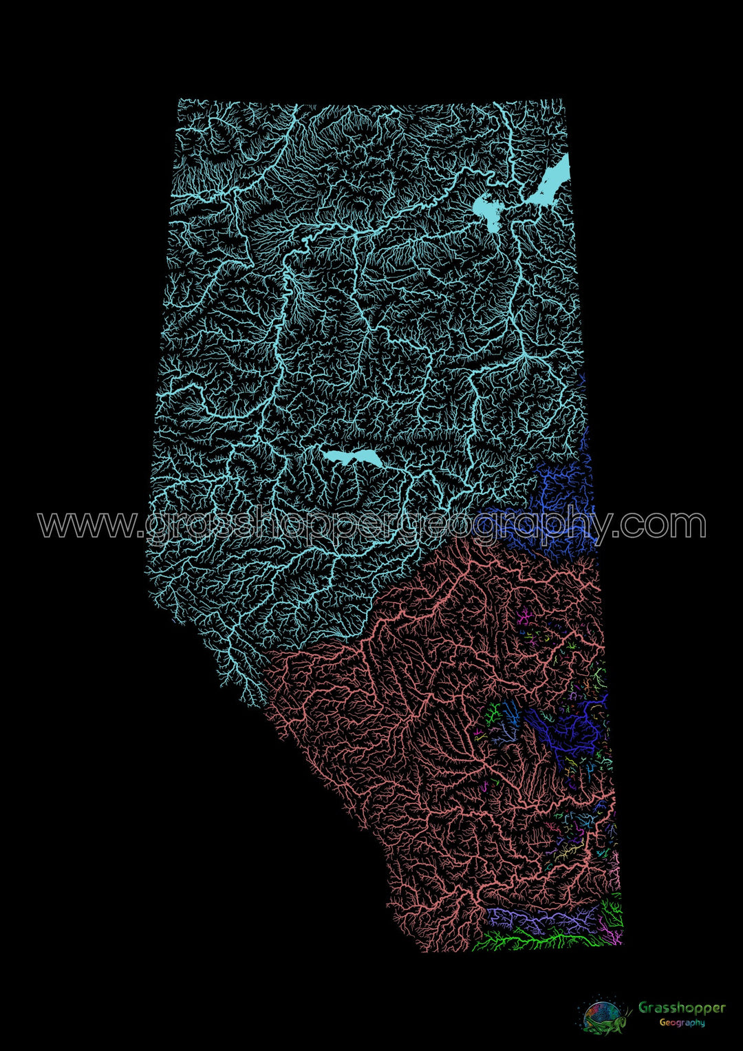 Alberta - Carte du bassin fluvial, arc-en-ciel sur noir - Fine Art Print