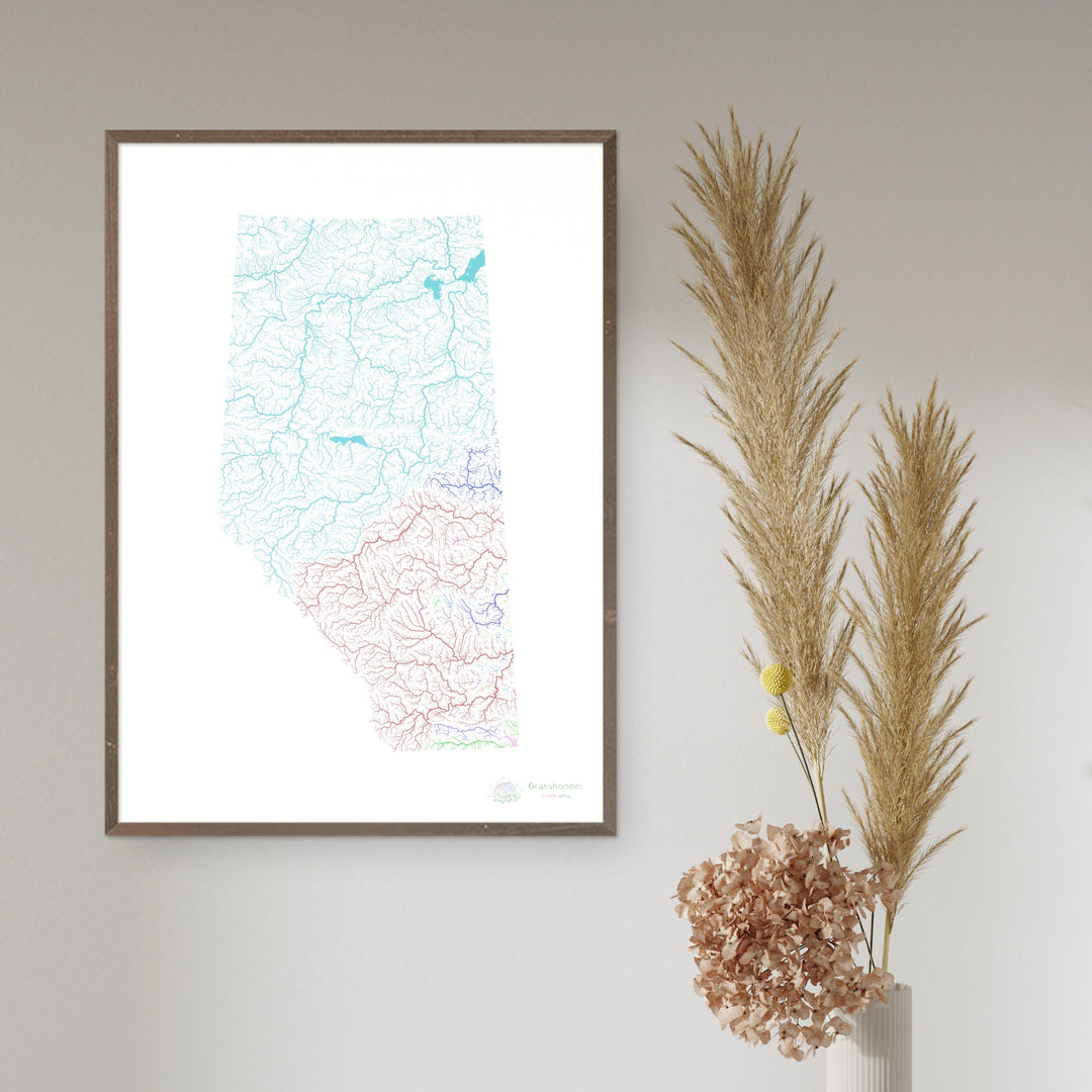 Alberta - River basin map, rainbow on white - Fine Art Print