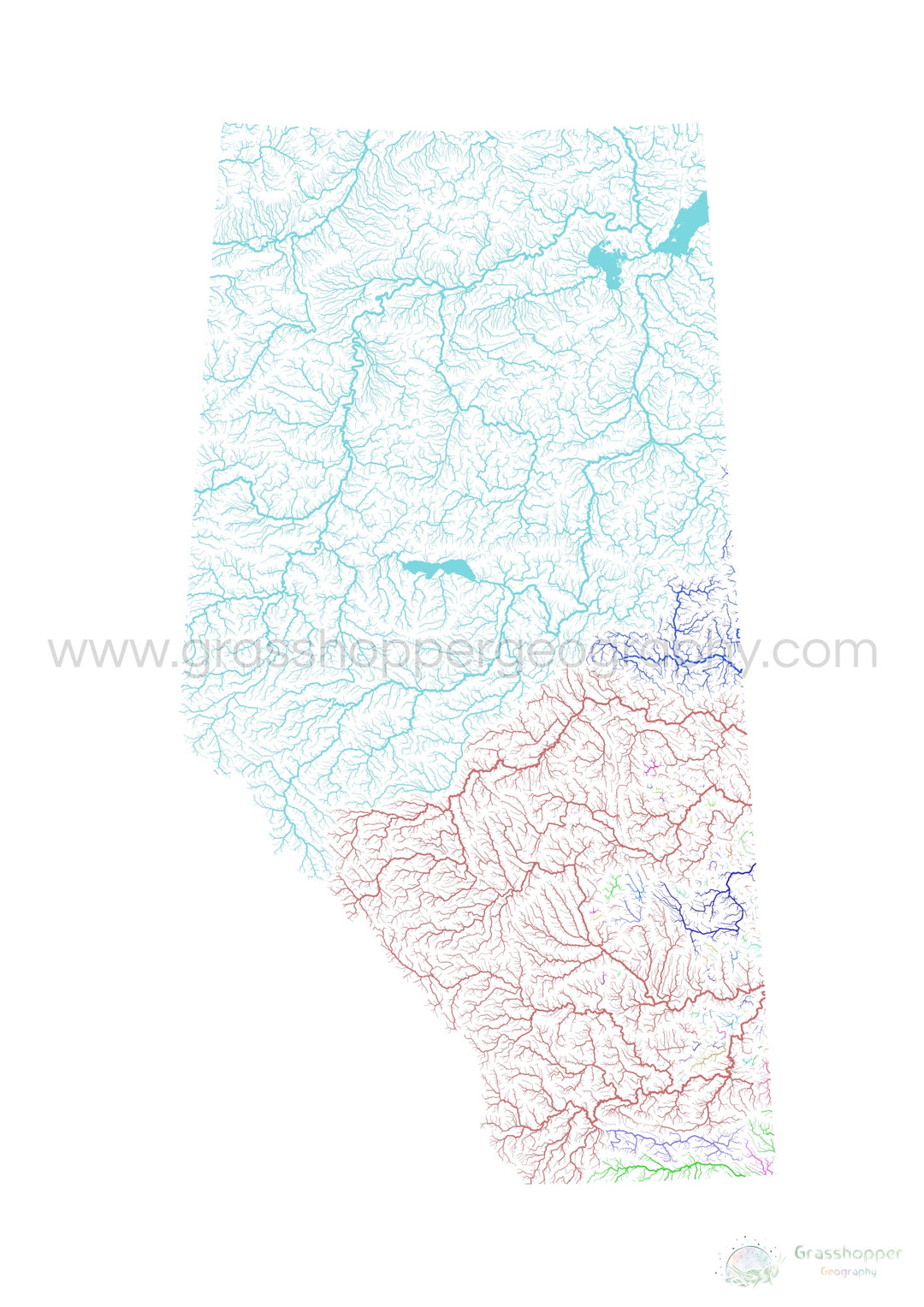 Alberta - Mapa de la cuenca del río, arco iris sobre blanco - Impresión de Bellas Artes