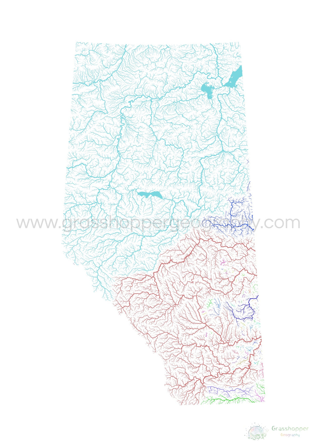 Alberta - River basin map, rainbow on white - Fine Art Print