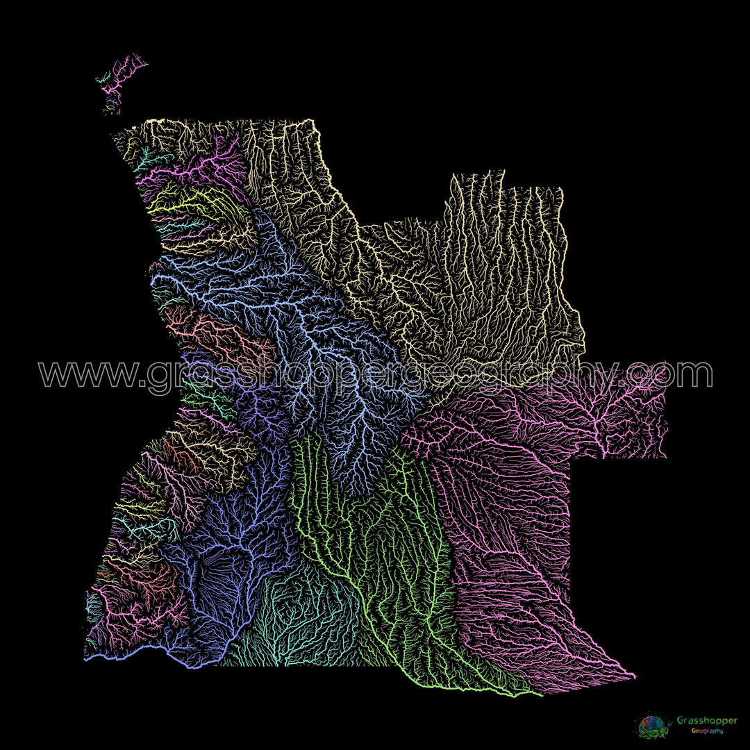 Angola - Mapa de la cuenca fluvial, pastel sobre negro - Impresión de Bellas Artes