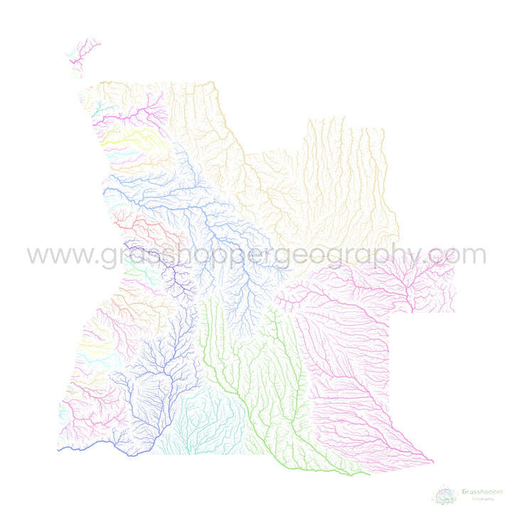 Angola - Mapa de la cuenca fluvial, pastel sobre blanco - Impresión de Bellas Artes