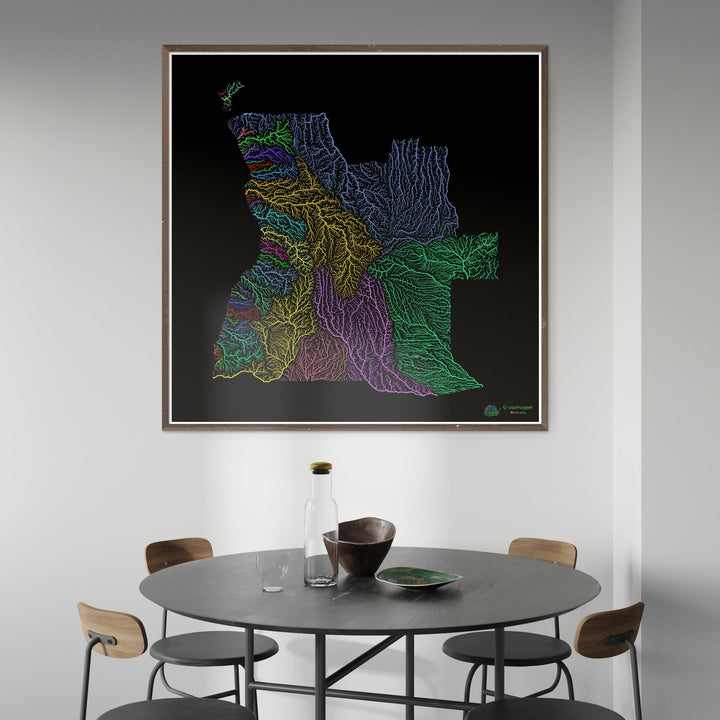 Angola - River basin map, rainbow on black - Fine Art Print