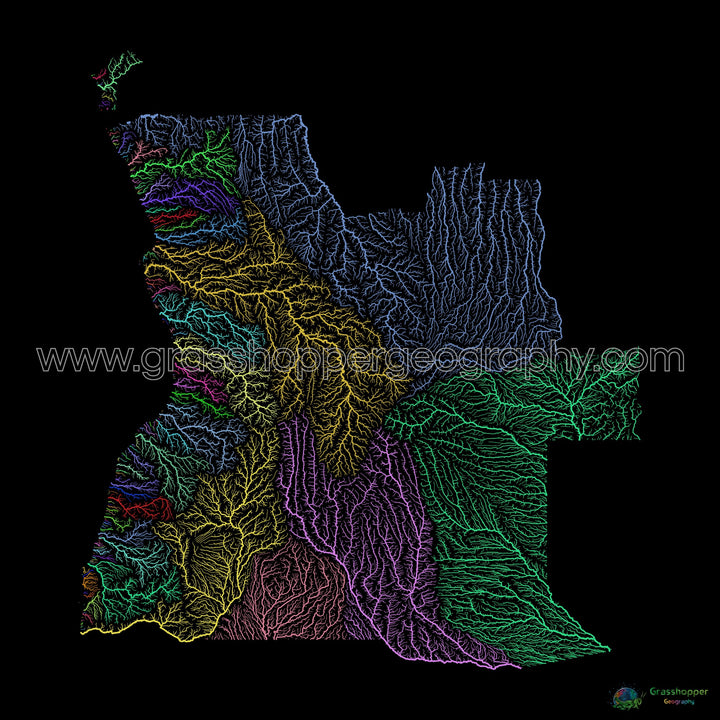 Angola - River basin map, rainbow on black - Fine Art Print