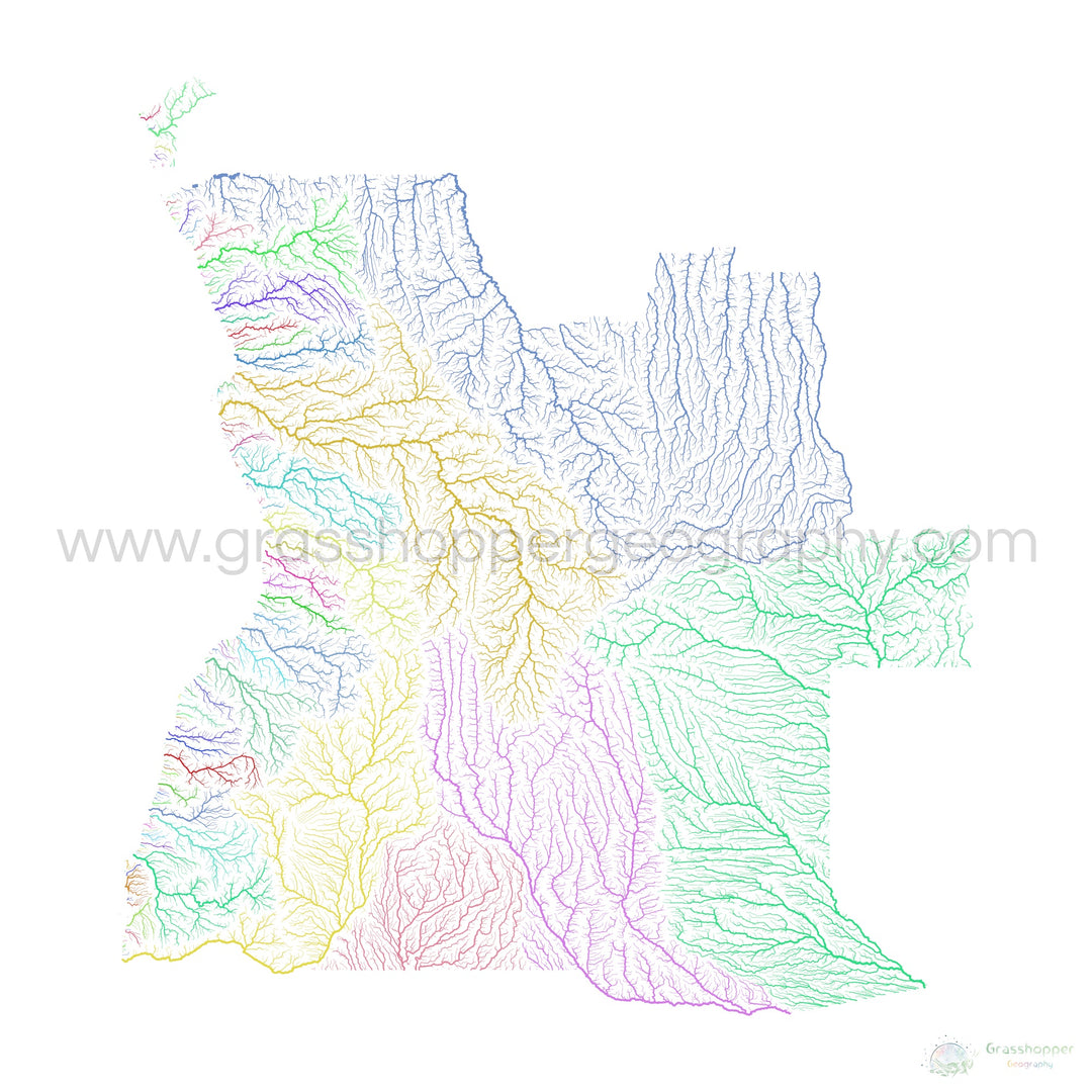 River basin map of Angola, rainbow colours on white - Fine Art Print