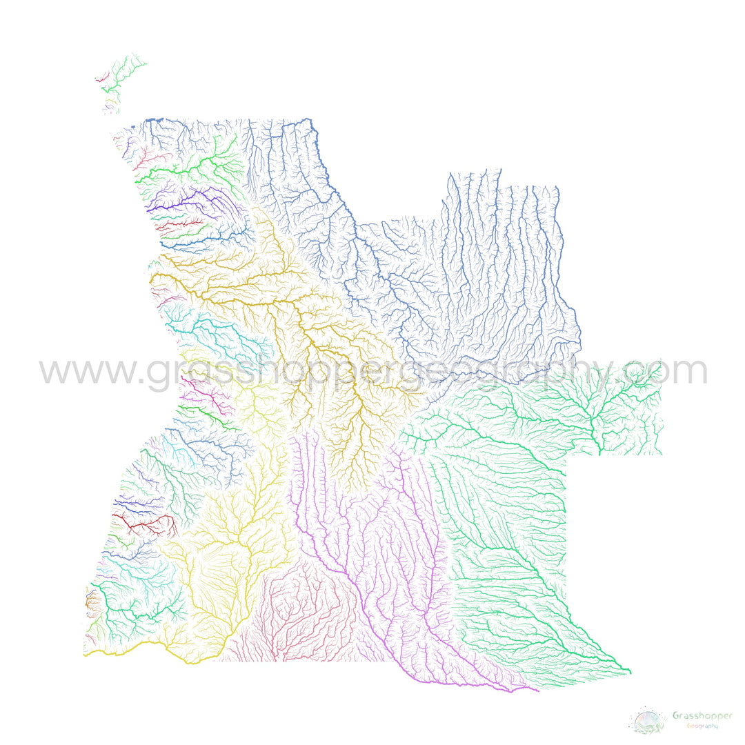 Angola - Mapa de la cuenca fluvial, arco iris sobre blanco - - Impresión de bellas artes